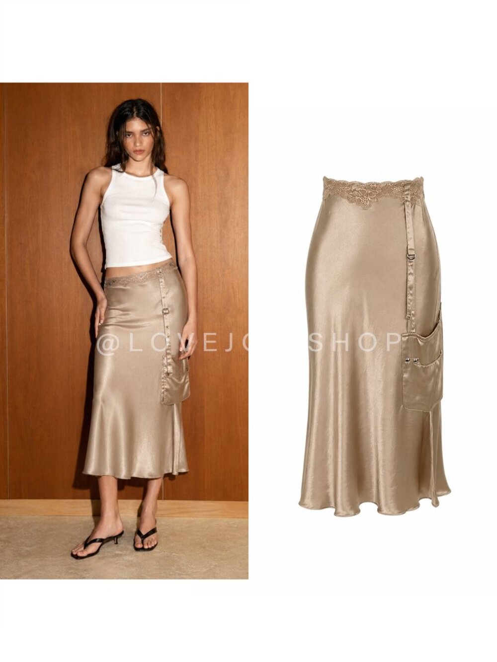 Skirt | Satin Midi Skirt Lace Trim Cargo Pocket Champagne Slip | Sarhat Day | M